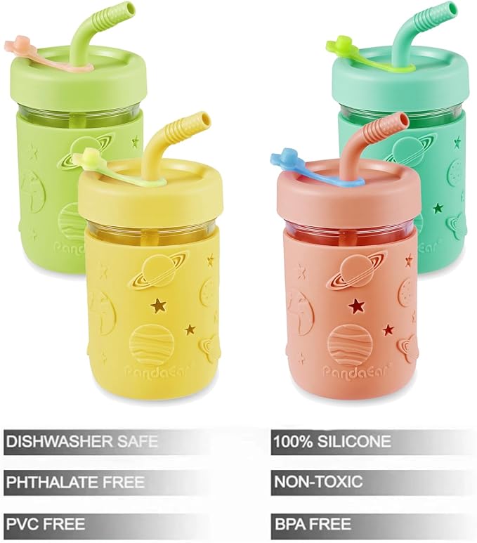 PandaEar Kids & Toddler Glass Cups, 4 Pack Glass Mason Jar Cups 8.45 oz with Silicone Sleeves & Straws, Toddler Spill-Proof Smoothie & Snack Cups