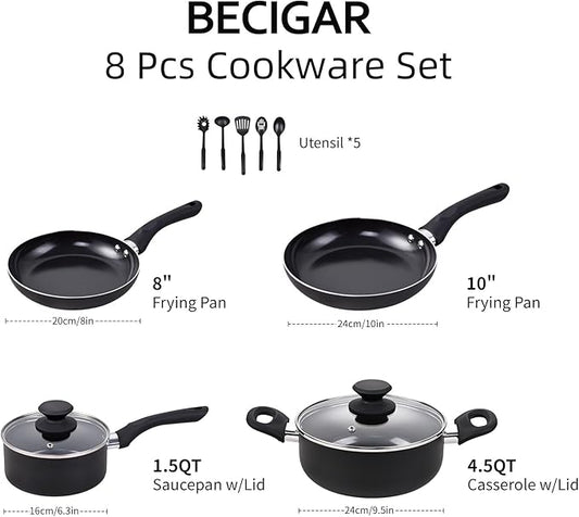 8pcs Black Ceramic Pots and Pans Set, Cooking Pan Set,Cooking Pot Set Ceramic Pan Set, Nonstick Cookware Set, Induction Safe Kitchen Cooking Set with Frying Pans, Saucepans, shovel and Ladle