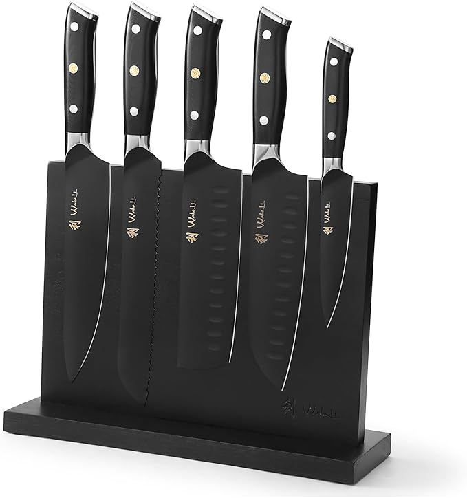 Wakoli Titanium Noir Knife Block Set – 5-Piece Chef Knife Set with Magnetic Acacia Block | 5Cr15MoV Stainless Steel Blades with Black Titanium Coating | Ergonomic G10 Handles | Kitchen Knives Gift Set