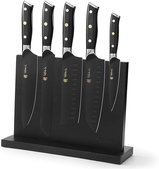 Wakoli Titanium Noir Knife Block Set – 5-Piece Chef Knife Set with Magnetic Acacia Block | 5Cr15MoV Stainless Steel Blades with Black Titanium Coating | Ergonomic G10 Handles | Kitchen Knives Gift Set