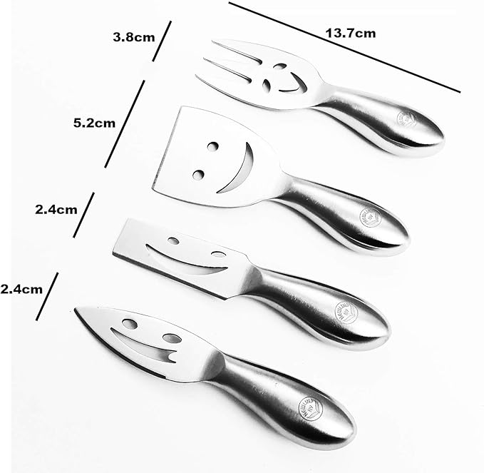 NEWLINE NY Stainless Steel 4 Pieces Smiling Faces Cheese Knife Set: Hard and Soft Cheese Knives, Serving Fork & Cheese Spreader