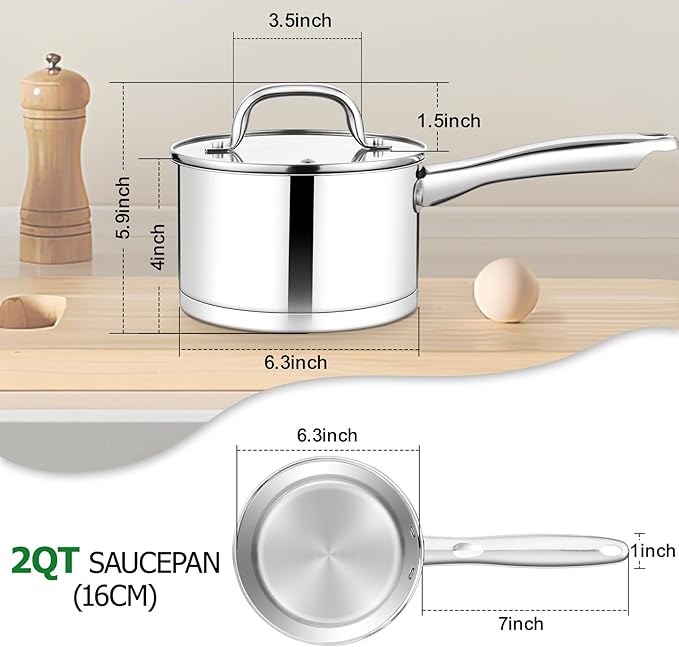 TeamFar 2 qt Saucepan with Lid, Stainless Steel Small Sauce Milk Pan with Tri-ply Bottom for Induction/Gas/Electric/Ceramic, Healthy & Heavy Duty, Mirror Finish & Straight Side, Dishwasher Safe