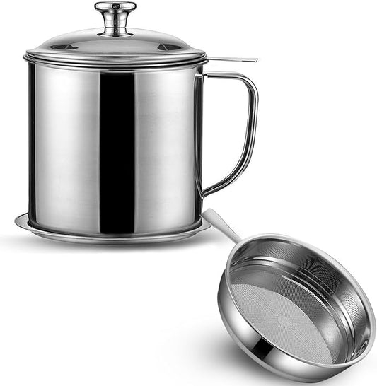 Bacon Grease Container With Removable Strainer Snug Lid Coaster Tray Stainless Steel Oil Container with Handle for frying oil bacon drippings Cooking Grease 1.3L(46 fl. oz.) (Style A)