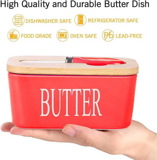 Ceramic Butter Dish with Wooden Lid, Large Butters Container Keeper Storage with Stainless Steel Knife Spreader, Bamboo Cover and Silicone Sealing Ring for West East Coast, Red