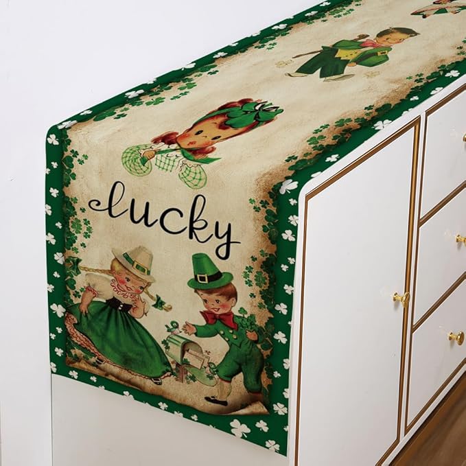Vintage St. Patrick's Day Table Runner St Patricks Day Decorations - Green Lucky Vintage Style Boys Girls Clover Spring Home Kitchen Dining Table Decor, St Patricks Day Party Decorations 13x72 Inch