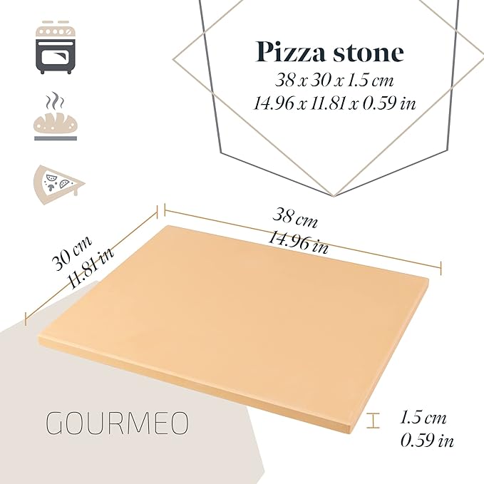 GOURMEO Pizza Stone Pan and Wooden Pizza Paddle - 15x11.8x0.6 inch - Cordiete Bread Beaking Stone w/Pizza Peel - Suitable for Oven & Grill