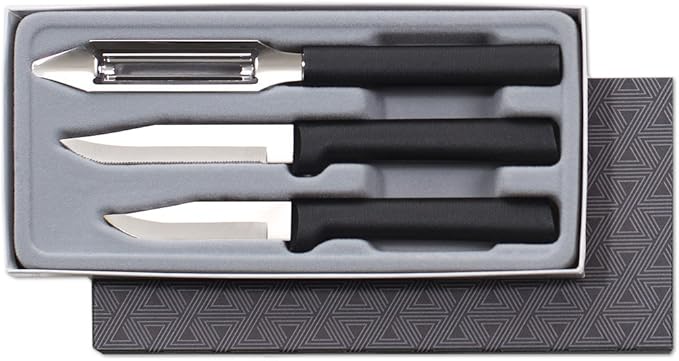 Rada Cutlery 3-Piece Kitchen Basics Knife Gift Set (G256), Stainless Steel Hollow Ground Blades, Made in USA, Black Handles