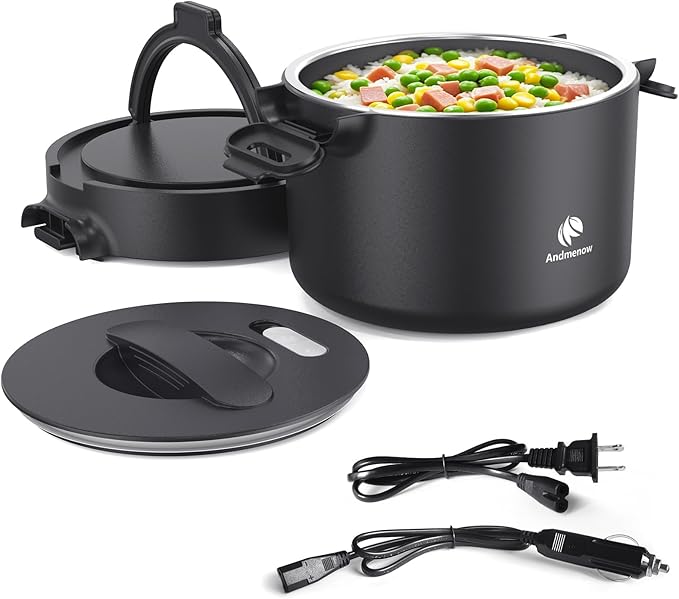 Portable Electric Lunch Box, 33 Ounce Food Warmer Cooker,12/24/110V Upgraded Heated Lunch Box for Car/Truck/Office Ideal Men & Women's Gifts,Warming Soup,Meal,Spill-Free,100W,Black