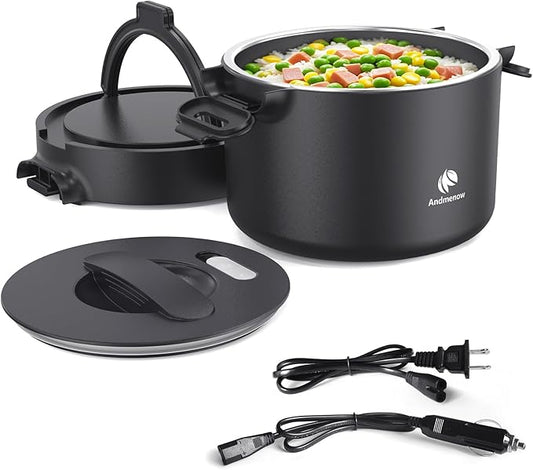Portable Electric Lunch Box, 33 Ounce Food Warmer Cooker,12/24/110V Upgraded Heated Lunch Box for Car/Truck/Office Ideal Men & Women's Gifts,Warming Soup,Meal,Spill-Free,100W,Black