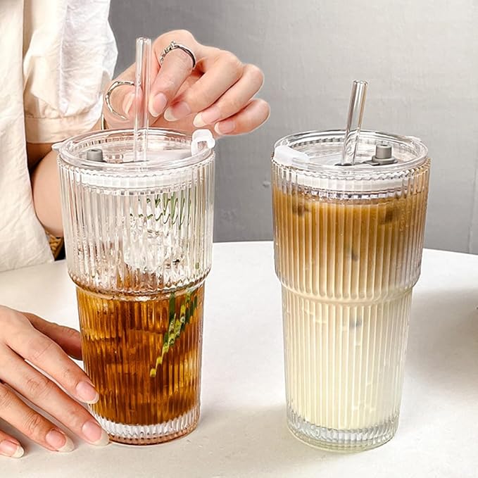 TUZAZO 20 Oz Glass Tumblers with Lids and Straws - 4 Pack Ribbed Glass Iced Coffee Cup with Straw and Lid, Thicken Glasses, Ideal for Smoothieds, Cocktails, and Juices