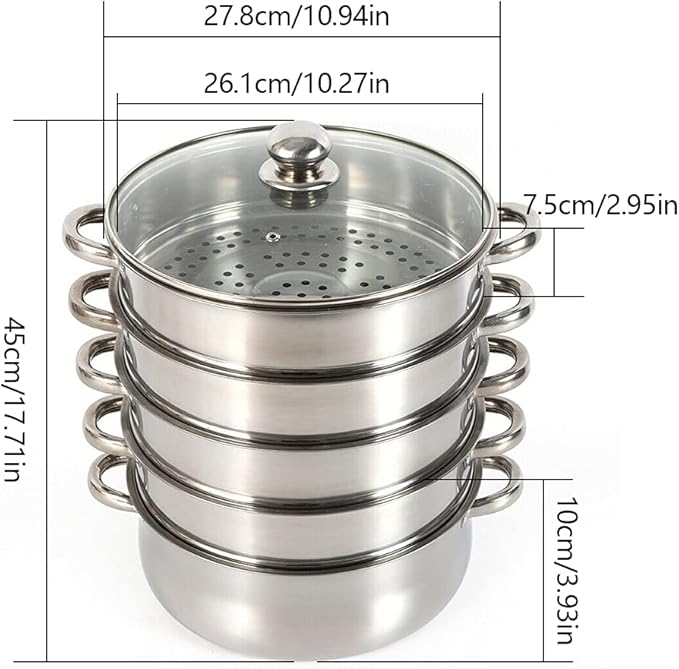 5 Tier Food Steamer,Stainless Steel Steamer for cooking,26/28/30cm Steamer Pot,Steamer Cooker Cookware with Glass Lid and Steamer Basket for Cooking Food (28cm)