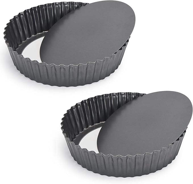 Kazozobi 2 Pack Nonstick Tart Pan, Quiche Pan, Carbon Steel Deep-dish Pie Pan with Removable Loose Bottom (9.4 In)