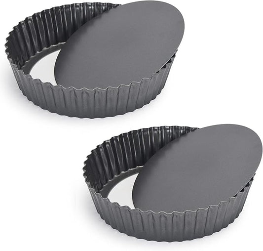 Kazozobi 2 Pack Nonstick Tart Pan, Quiche Pan, Carbon Steel Deep-dish Pie Pan with Removable Loose Bottom (9.4 In)