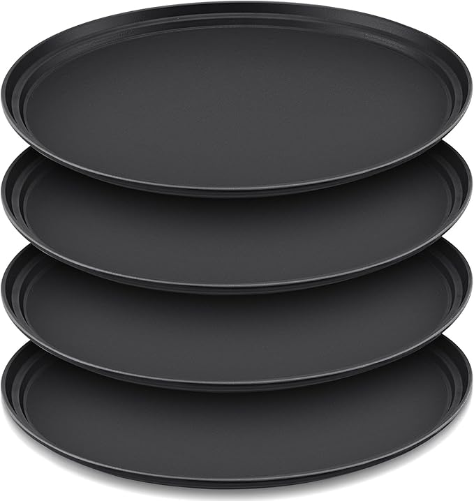 4 Pcs Restaurant Serving Trays PP Plastic Non Slip Rubber Lined Large Oval Tray for Kitchen Dining Room Cafeterias Fast Food Service (27 x 22 Inch,Black)