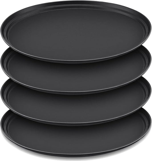 4 Pcs Restaurant Serving Trays PP Plastic Non Slip Rubber Lined Large Oval Tray for Kitchen Dining Room Cafeterias Fast Food Service (27 x 22 Inch,Black)