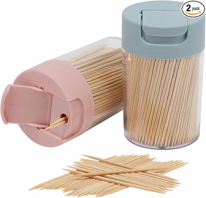 Toothpick Dispenser, 1000 Count Bamboo Toothpicks with 2 Reusable Toothpick Dispenser, Sturdy Smooth Health Toothpicks for Party, Bar, Olive, Barbecue, Fruit and Teeth Cleaning