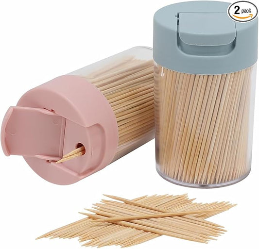 Toothpick Dispenser, 1000 Count Bamboo Toothpicks with 2 Reusable Toothpick Dispenser, Sturdy Smooth Health Toothpicks for Party, Bar, Olive, Barbecue, Fruit and Teeth Cleaning