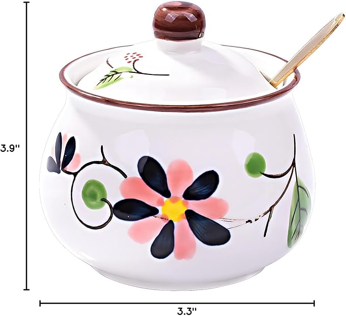 Porcelain Sugar Bowls with Lid and Spoons, Ceramic Seasoning Container for Home and Kitchen (LH)