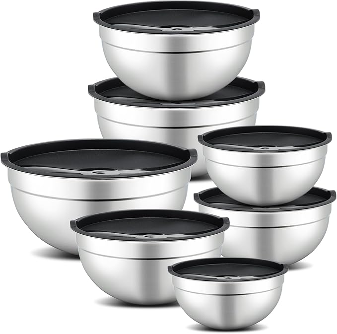 7 Piece Mixing Bowls with Lids Set - Mixing Bowls Stainless Steel Bowls for Kitchen Baking, Size 0.7, 1.1, 1.5, 2.1, 3.5, 4, 4.5QT, Baking Bowl for Food Preparation, Mixing and Serving Foods
