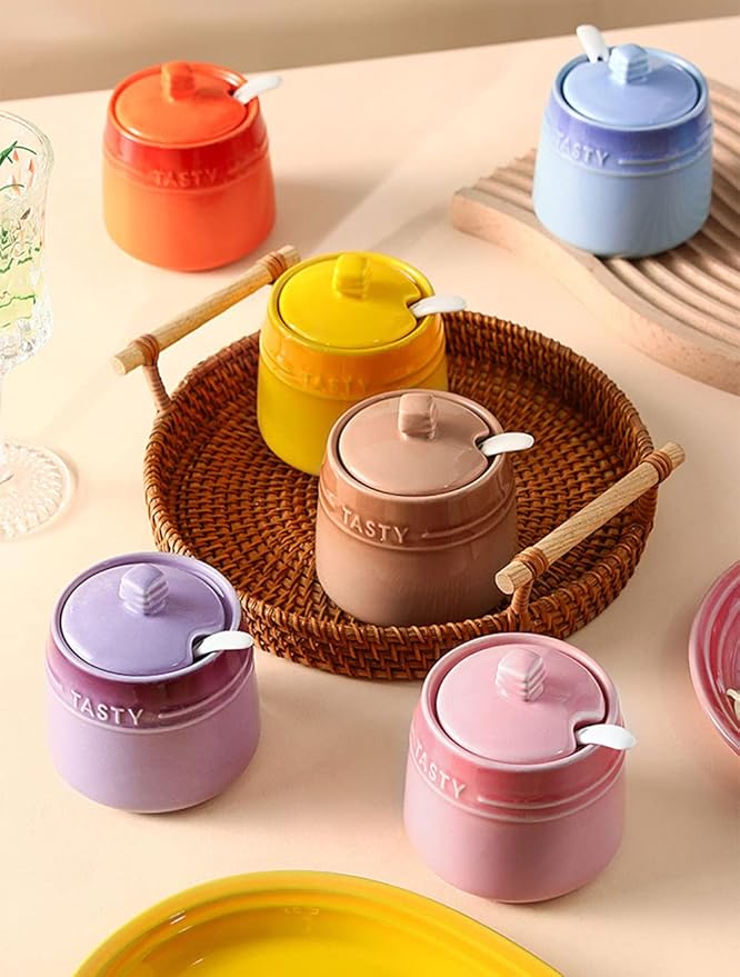 Colourful Ceramic Spice Jar Seasoning Box Condiment Pot Sugar Bowl with Lid Spoon-Blue