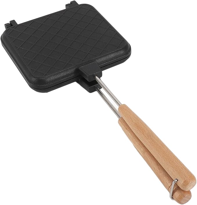 Double Sided Frying Pan,Stovetop Sandwich Maker Aluminum Solid Wood Anti Stick Sandwich Flip Pan Multifunctional Stovetop Sandwich Maker for Gas Stove Induction