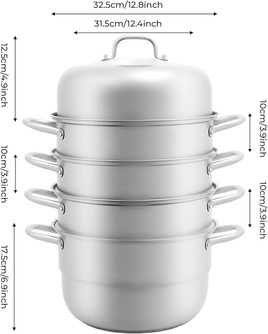 5-Tier Food Steamer Pot for Cooking, 2.38 Gal Stainless Steel Steamer Pot with Lid, Stackable Steaming Pots Steam Cooker Cookware for Dumpling Seafood, Compatible with Gas Stove (12.8 Diameter)