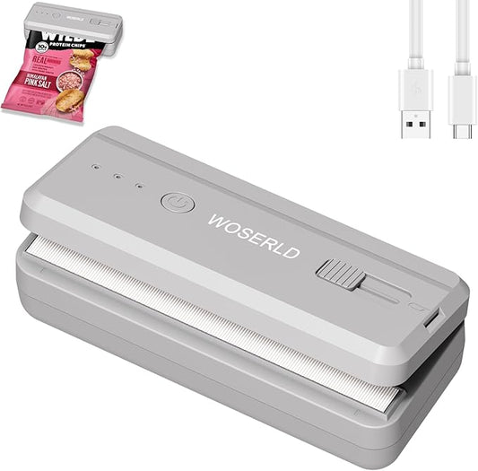 Mini Bag Sealer 2 in 1 Chip Bag Sealer and Cutter USB Rechargeable Heat Sealer Machine Sealer Portable sealer with Lithium 1300mAh Battery kitchen food packaging bag resealer (Gray)