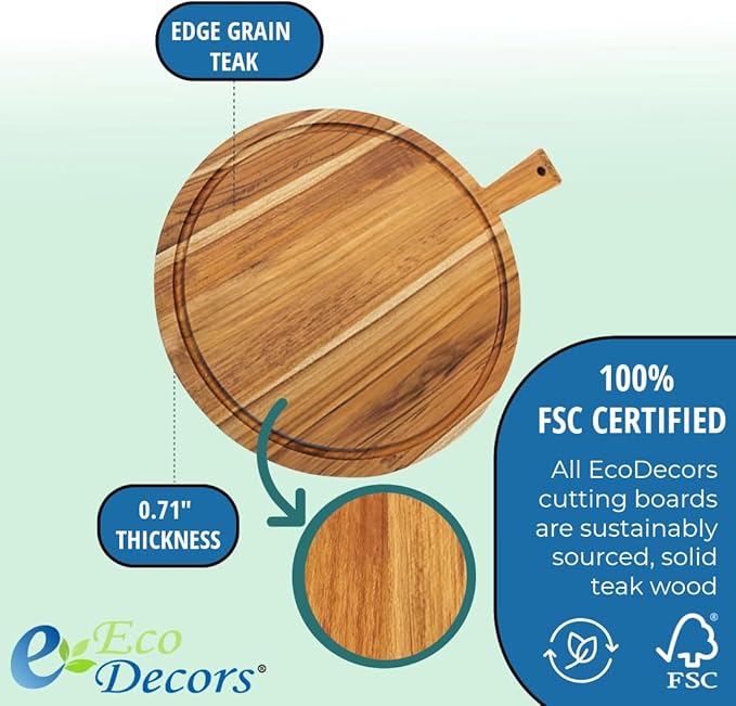 EcoDecors 18" Round Teak Cutting Board with Handle, FSC Certified Solid Wood, Edge Grain with Juice Groove, Carving Board for Kitchen & Brisket