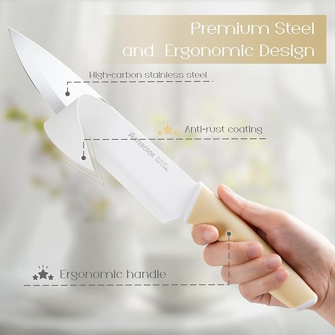 Astercook Kitchen Knife Set with Block and Sharpener 15 Piece Knives Set with Ceramic Coating German High Carbon Stainless Steel Knives Sharp Blade Dishwasher Safe Deba Knives with Ergonomic Handle