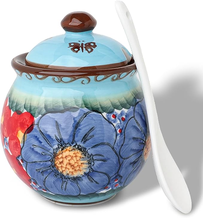 silesia Handmade Sugar Bowl with Lid and Spoon, 8 oz Hand-Painted Ceramic Sugar Jar, Floral Design Seasoning Container for sugar, honey, or spices, Dishwasher Safe (Glazed Blue)
