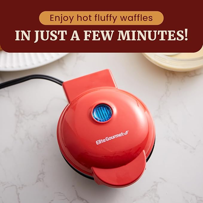 Elite Gourmet EWM015R# Electric Nonstick 4.5-inch Mini Waffle Maker, Belgian Waffles, Compact Design, Hash Browns, Keto, Snacks, Sandwich, Eggs, Easy to Clean, Red