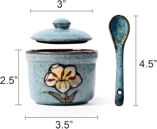 Ceramics Retro Flower Sugar Salt Pepper Storage Jar Seasoning Pot with Lid And Spoon