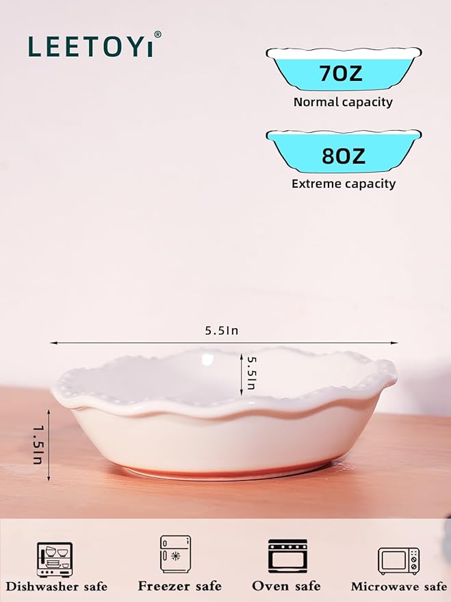 LEETOYI 5.8 Inch Mini Pie Pans, 8 Ounce Ceramic Pie Plate Pie Dish Ramekins for Kitchen, Individual Stackable Pie Tins, Set of 4 (White/Brown)
