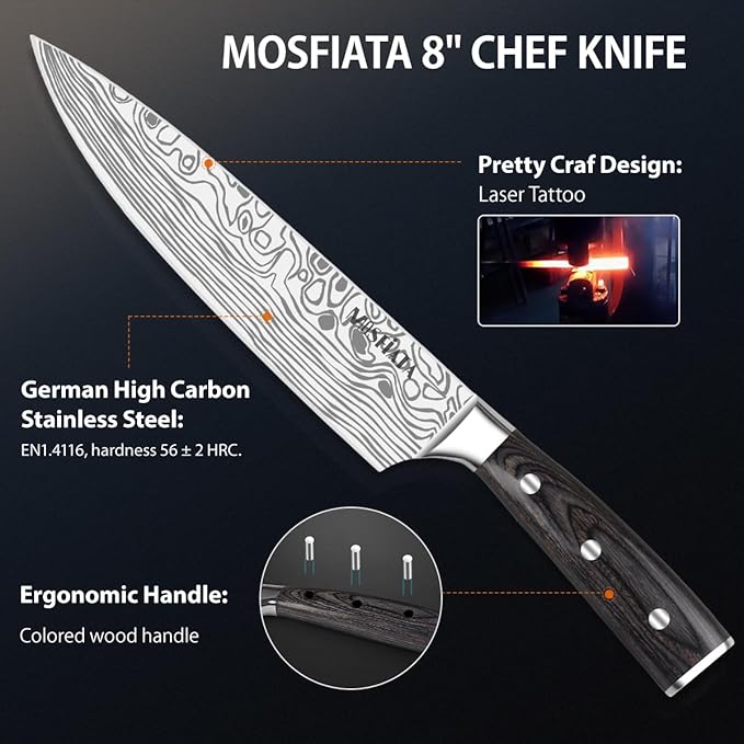MOSFiATA 5 PCS Chef Knife Set, German High Carbon Stainless Steel Kitchen Knife Set with Sharpener Rod，5PCS Blade Guard,Wood Handle Knives Set for Kitchen with Gift Box