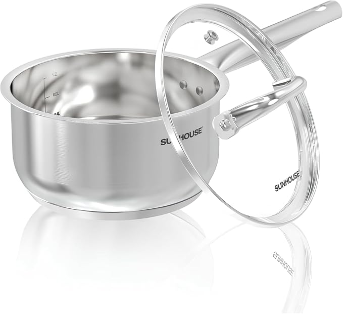 SUNHOUSE – 3 Quarts Stainless Steel Sauce Pan with Lid - PFOA-FREE, Stainless Steel Sauce Pan, Advanced Impact Bonding Induction Base, Stay-Cool Handle, Compatible with All Cooktops