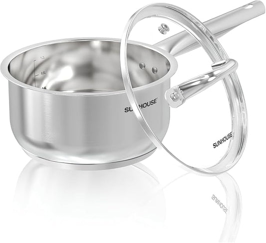 SUNHOUSE – 3 Quarts Stainless Steel Sauce Pan with Lid - PFOA-FREE, Stainless Steel Sauce Pan, Advanced Impact Bonding Induction Base, Stay-Cool Handle, Compatible with All Cooktops