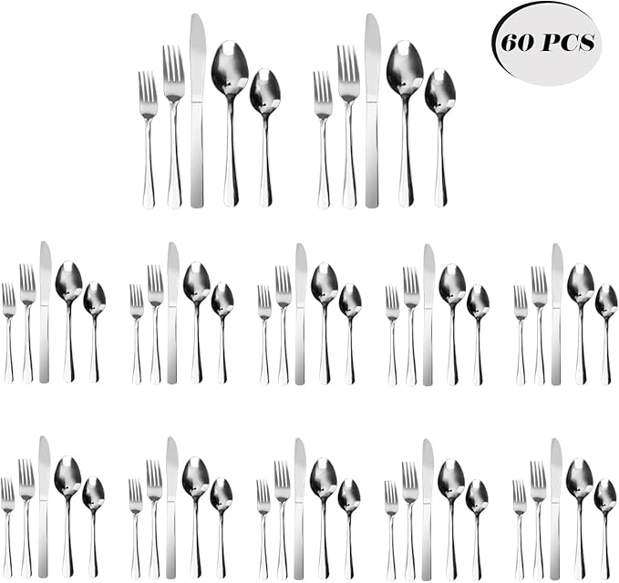 60 PCS Windsor Silverware Set - Stainless Steel Silverware Set for 12 Kitchen Flatware Set Cutlery Set For Home Restaurant Hotel, Kitchen Dishwasher Safe Utensils Set Weddings, Parties, Gifts