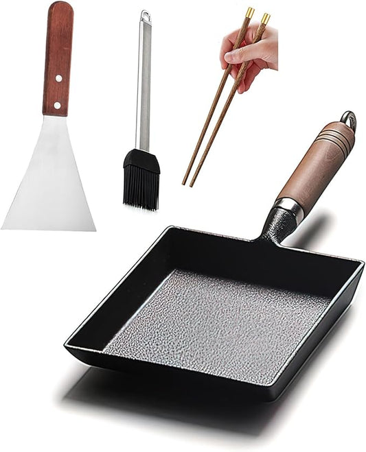 LI-GELISI Pre-Seasoned Cast Iron Tamagoyaki Pan - 9x7 Inch Japanese Rolled Omelet Pan, Non-Stick & Rust-Resistant, Ready to Use with Wood Handle, Works on All Stovetops, Camping & Kitchen