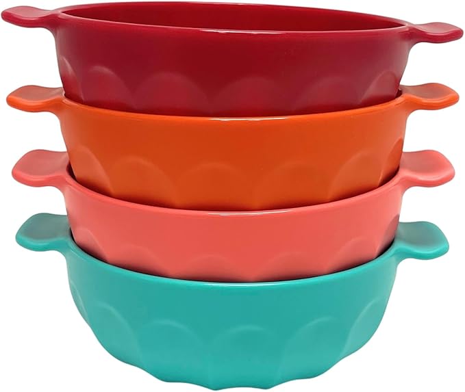 Mintra Home Unbreakable Plastic Bowl 4pk - Shatterproof, BPA Free, Reusable, Party Cups, BBQ, Colorful Set, indoors and outdoors (Teal, Orange, Dark Red, Salmon, Small with Handles - 550ml Set 2)