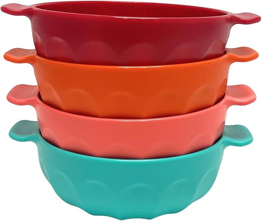 Mintra Home Unbreakable Plastic Bowl 4pk - Shatterproof, BPA Free, Reusable, Party Cups, BBQ, Colorful Set, indoors and outdoors (Teal, Orange, Dark Red, Salmon, Small with Handles - 550ml Set 2)
