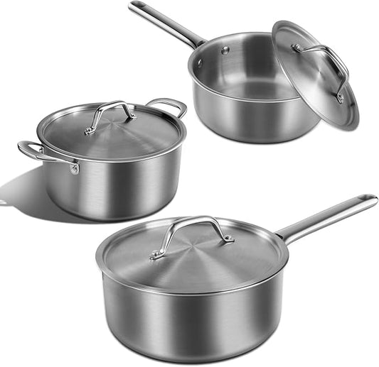 Rokasala Saucepan Set with Lids,3-Ply Stainless Steel Cookware 1.5QT,3QT and 5QT,Professional Grade Cookware,Induction Compatible