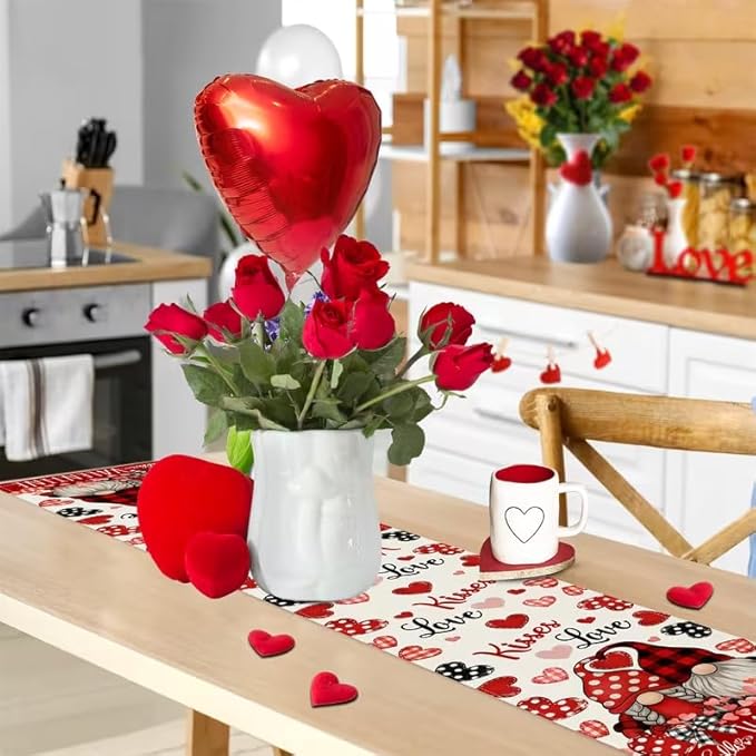 Valentine Red Buffalo Plaid Gnomes Heart Table Runner 13x90 Inch ,line Love Kitchen Dinning Table Decoration for Party Home