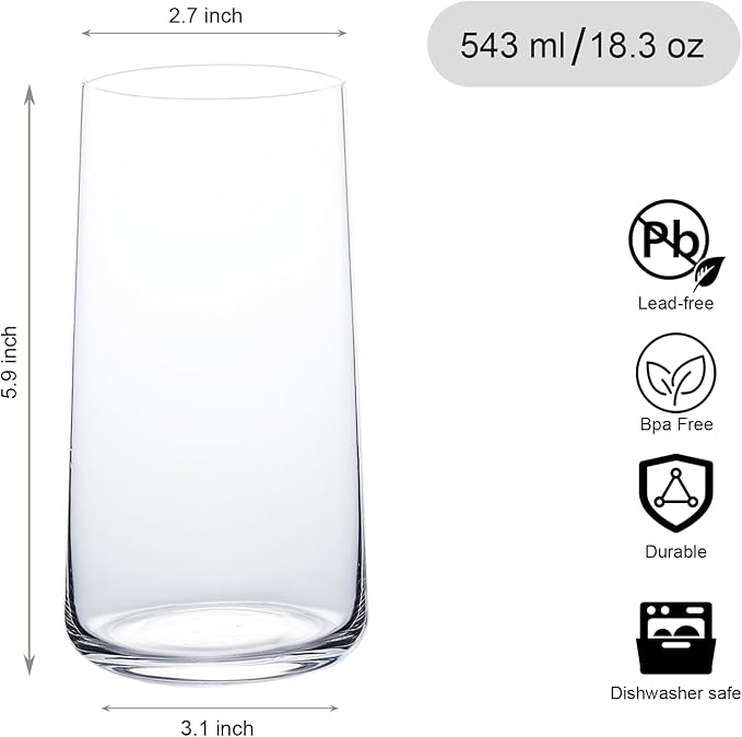 Water Glasses Set of 6, 18.3oz Large Drinking Glasses, Clear Crystal Lightweight Glass cups, Glassware Set for Juice,Iced Tea,Mojito,kitchen and bar,Gifts for Christmas