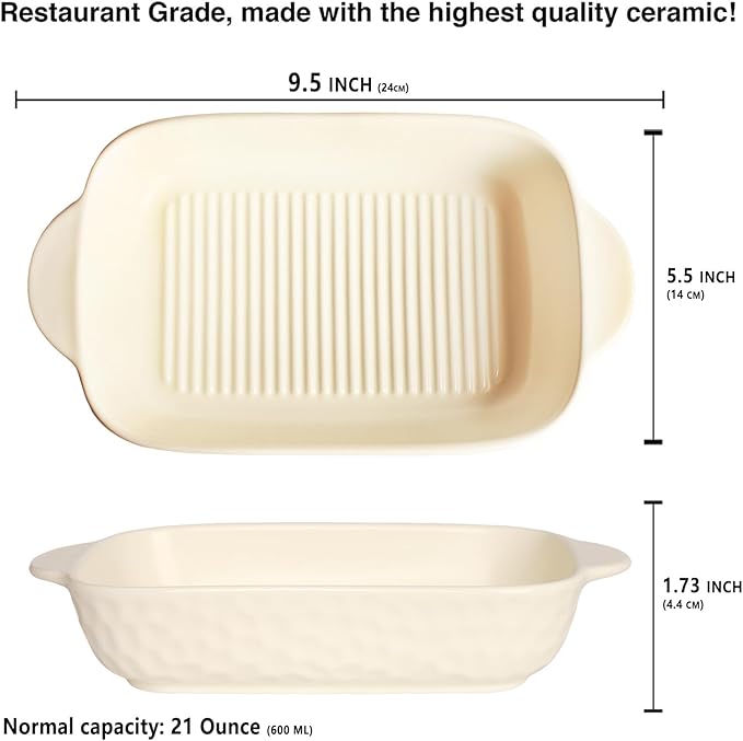Rectangular Porcelain Baking Dish Set,Au Gratin Dishes,Casserole Dish, Ramekins 21 oz Bakeware Set of 2,Lasagna Pans for Cooking,Cake Dinner,Kitchen, Carry Handles 9.5" x 5.5" (Beige