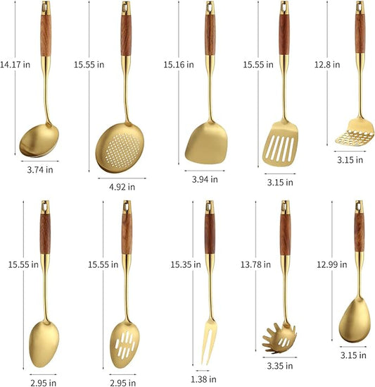 Stainless Steel Kitchen Utensils Set with Wood Handle 18/10 Metal Cooking Utensils Set, 10 Piece - Spatula, Spoon, Ladle, Skimmer, Slotted Turners, Pasta,Turner, Ladl, Fork