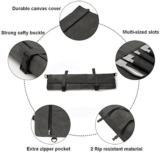Chef’s Knife Roll Bag,Waxed Canvas Knife Cultery Carrier, Portable Chef Knife Cases,Knife Pouch Holders With 10 Slots Plus 1 Zipper Pockets Can Hold Home Kitchen Knife Tools Up To 18.8”