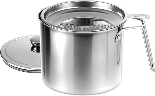 QWORK 1.8L Stainless Steel Grease Container with Fine Mesh Strainer, 61oz Bacon Oil Can for Kitchen Cooking Oil & Fat Storage, Heat Resistant 304 Stainless Steel Oil Filter Pot