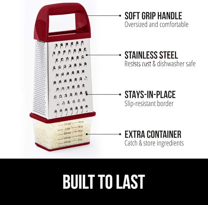GORILLA GRIP 4-Sided Stainless Steel Cheese Grater With Container, 100% BPA-Free Box Grater, Slip Resistant Base and Handle, Grate Parmesan, Hard Cheeses, Shred Vegetables, Dishwasher Safe, Red