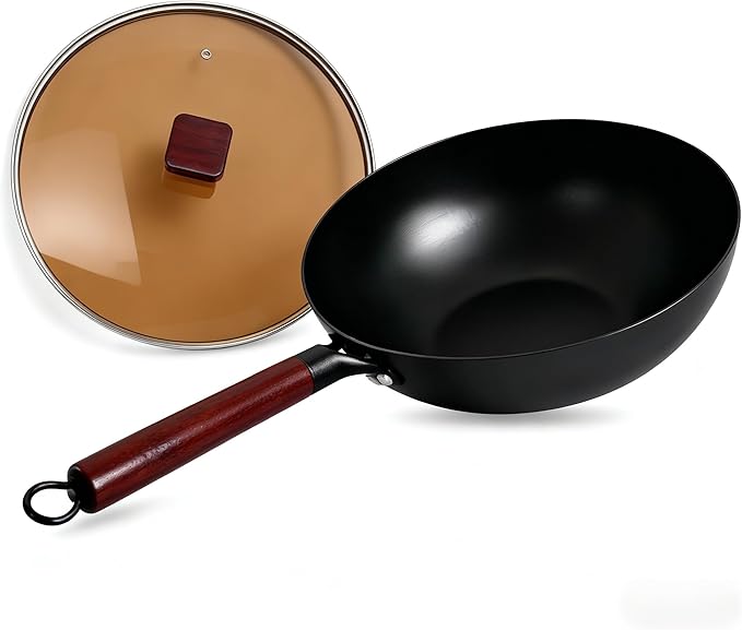 Calmabode Uncoated Carbon Steel Wok with Wooden Handle (13 Inch) - Traditional Chinese Stir Fry Pan for High Heat Cooking, Non-Toxic, Easy Cleanup, Induction & Stovetop Compatible with Hanging Loop