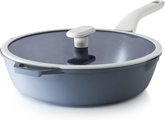 PRICUSIS Ceramic Nonstick Deep Saute Pan with Lid, 10/12 Inch Non Toxic Pans with Double Pour Spout, Helper Handle and Lid, Metal Utennsil Safe, Dishwasher Safe, (12 Inch, Gray)